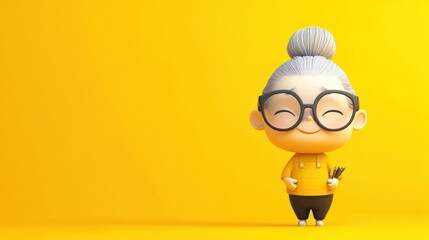 A cheerful cartoon elderly woman in glasses holding pencils against a bright yellow background.