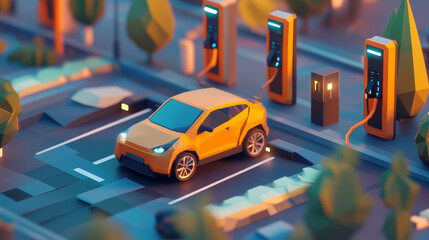 Electric cars plug into charging stations, using clean energy to power them. This eco-friendly technology is changing the auto industry with its rechargeable batteries and hybrid designs.low poly.