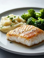 Wall Mural - A plated meal featuring fish, mashed potatoes, and broccoli.