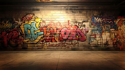 Wall Mural - A cement wall which has plenty of colorful graffiti style art texts on the surface of the wall, displaying in an empty room with some bright light. generative ai. Graffiti Art. Illustration