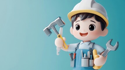 A cheerful cartoon character in a hard hat holding tools, symbolizing construction and repair.