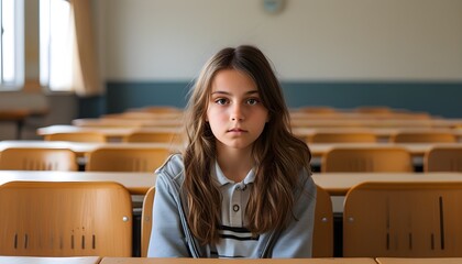 Morning portrait of a teenage girl in a classroom, embracing the excitement of back to school day