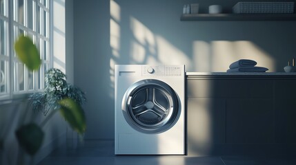 Modern laundry room featuring a white washing machine with natural light streaming through the window during the day