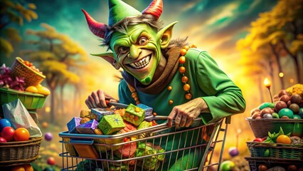 Wall Mural - Mischievous green goblin with pointed ears and wicked grin pushes overflowing shopping cart filled with colorful toys and candies in a whimsical fantasy scene.