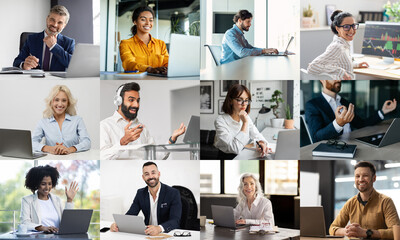 Aufkleber - A diverse array of professionals is shown working in a contemporary office environment, participating in virtual meetings. Each individual engages with their laptops
