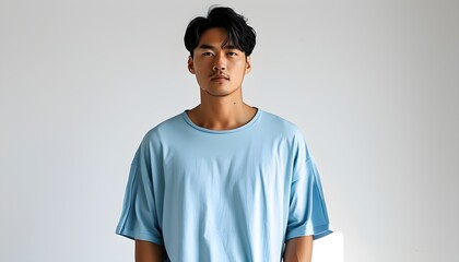 Casual elegance of an Asian man in a plain light blue oversized crew neck t-shirt against a clean white backdrop