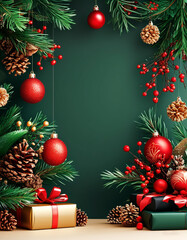 a frame with christmas decorations on it and a green background
