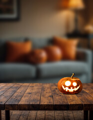 Wall Mural - Empty wooden table and blurred with Halloween background. Halloween night. Pumpkin face. Mockup. Copy Space.