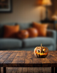 Wall Mural - Empty wooden table and blurred with Halloween background. Halloween night. Pumpkin face. Mockup. Copy Space.