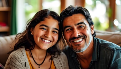 Sticker - Heartwarming bond between a smiling Hispanic father and daughter at home, capturing the essence of love and family connection