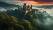 © Anton Dios - Majestic Medieval Castle Nestled Amongst Autumn Trees and Misty Mountains at Sunrise