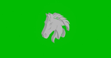 Wall Mural - Animation of rotation of a white horse's head symbol with shadow. Simple and complex rotation. Seamless looped 4k animation on green chroma key background