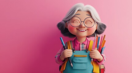 Wall Mural - A cheerful elderly woman holding colorful art supplies against a pink background.