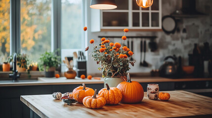 Modern kitchen interior decorated for fall with orange pumpkins, autumn home decoration