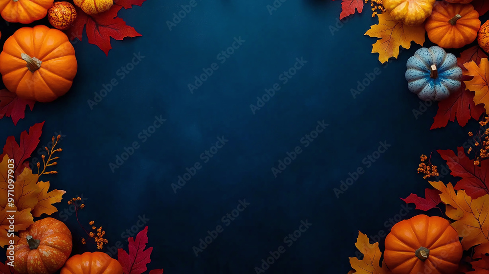 pumpkins and autumn maple leaves on dark blue background thanksgiving ...