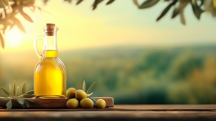 a glass bottle of olive oil with fresh olives, placed on a wooden table, with an olive farm in the background