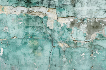 A grunge wall texture in faded aqua, with water stains, cracks, and visible layers of old, peeling paint.