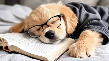 Cute golden retriever puppy sleeping on an open book wearing glasses and cozy sweater
