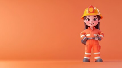 A cheerful cartoon firefighter in an orange uniform and helmet, posing confidently.