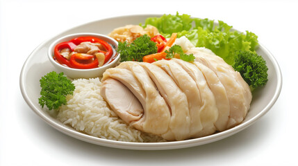 A plate of succulent chicken rice served with fresh greens and a side of chili sauce, perfect for a hearty meal.