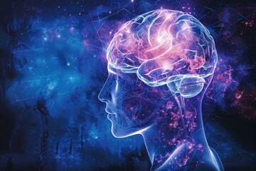 Poster - Abstract 3d rendering of a brain with universe energy inside, symbolizing consciousness, knowledge and the universe within us