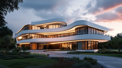 Canvas Print - Twilight scene of a modern building designed through BIM technology, showcasing advanced 3D rendering and architectural precision