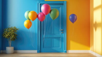 Wall Mural - Vibrant 3D render of colorful balloons drifting through a blue door in a surreal indoor setting with whimsical details.