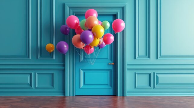 Vibrant 3D render of colorful balloons drifting through a blue door in a surreal indoor setting with whimsical details.