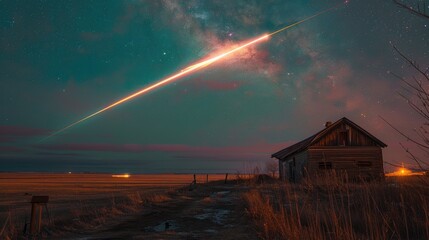 A bright meteor breaks across the sky over a rural landscape with an old, abandoned house, emphasizing the convergence of natural beauty and human history.