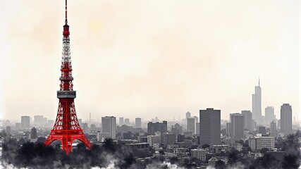 a red tower with a red top and a black-and-white image of an urban landscape.