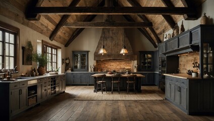 Wall Mural - Rustic kitchen with exposed beams and a fireplace.