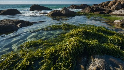 Poster - Seaweed in the sea, with clear water flowing on rocks.