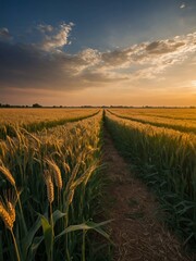 Wall Mural - Serene landscape of a wheat field during sunset, suitable for backgrounds or editorial use.