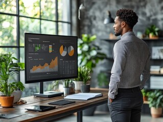 Poster - A man stands in a modern office space, analyzing graphical data on a high-resolution computer screen. The room is filled with natural light and green plants, creating a productive environment.