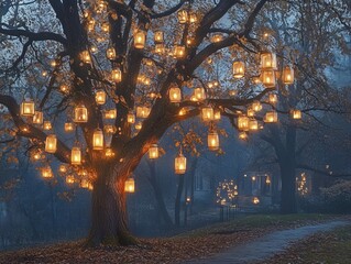 Poster - A large tree adorned with numerous glowing lanterns creates a magical and serene ambiance on a misty evening, evoking feelings of wonder and tranquility.