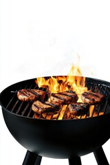 Grilling succulent steaks over an open flame, perfect for outdoor gatherings and summer barbecues with isolated on white background