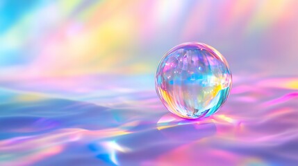 Poster - a colorful soap bubble reflects light while resting on a shimmering surface in a softly lit environm