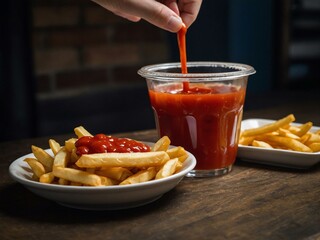 Sticker - Sharing fries with a small bowl of ketchup.