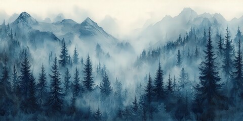 a serene watercolor painting of a misty forest with towering trees and distant mountains, creating a