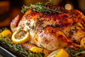 A savory whole roasted chicken seasoned with fresh herbs and adorned with lemon slices, showcasing a crispy skin and mouth-watering presentation, ready to serve.