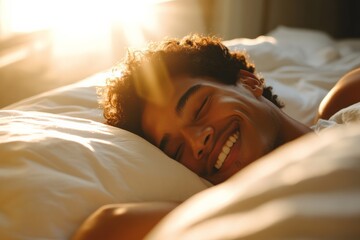 Poster - A person captured in a moment of serene sleep, relaxed in their bed with sunlight gently filtering through the window, highlighting a peaceful scene.