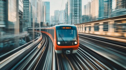 Fototapete - High-resolution view of an electric train speeding through an urban environment, showcasing the blend of modern technology and cityscape.