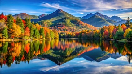 Wall Mural - Serene Adirondack Mountain landscape features rugged peaks, misty valleys, and tranquil Lake Placid waters reflecting vibrant fall foliage under a clear blue sky.