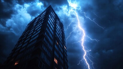 Poster - High-resolution view of lightning striking a tall building during a summer thunderstorm, with dramatic illumination and stormy clouds overhead