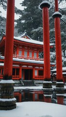 Poster - Snow-covered Japanese temple with vibrant red pillars.