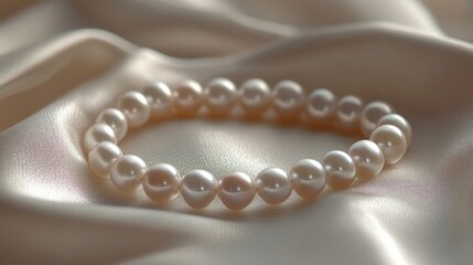 Poster - Macro shot of a pearl bracelet resting on a silk fabric, focusing on the soft shimmer and perfect roundness of the pearls.