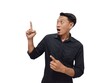 © Rmd17 - Shocked young Asian man in casual shirt pointing finger aside at copy space isolated on white background. Great offer concept