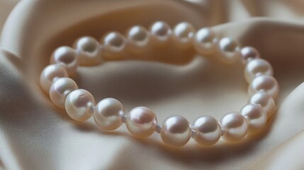 Poster - Macro shot of a pearl bracelet resting on a silk fabric, focusing on the soft shimmer and perfect roundness of the pearls.