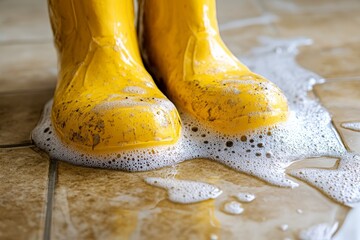 Yellow rubber boots on wet ground with foam.