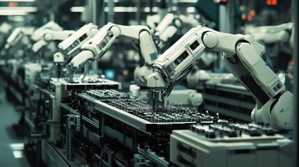 Poster - A factory with robots working on a production line. The robots are white and are working on a conveyor belt